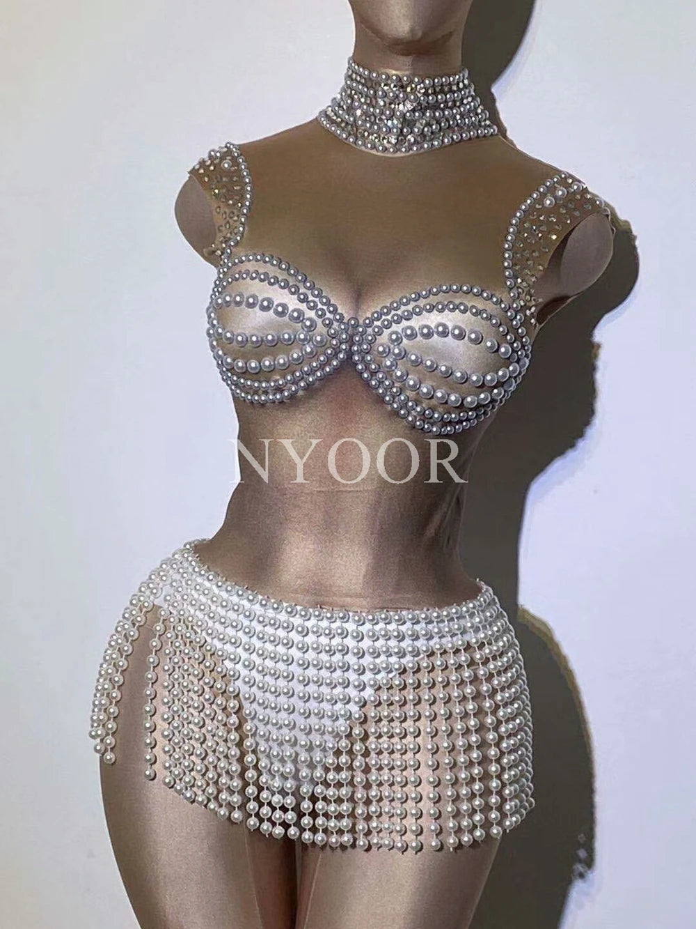 Sparkly Pearl Rhinestone Fringe Bodysuit Sleeveless Nude Stage Dance Leotard