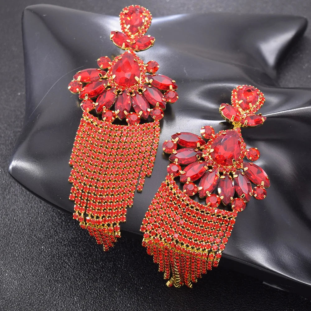 Sparkly Glass Crystal AB Tassel Drop Earrings Stage Performance Jewelry