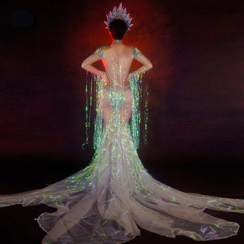 Emerald Green Rhinestone Sequin Mermaid Gown & Crown Stage Performance Costume Set