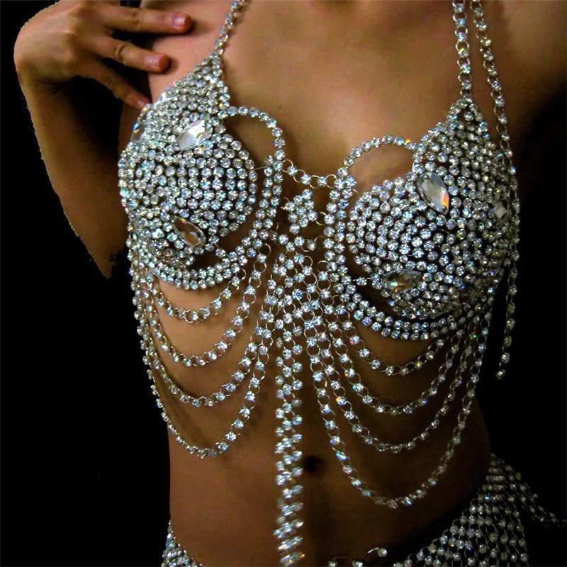 Dazzling Crystal Bra Chain & Catwalk Tassel Body Jewelry Set
