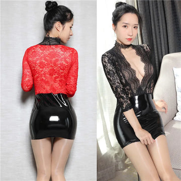 Lace Deep V-Neck PU Glossy Patchwork Bodycon Micro Mini Dress
