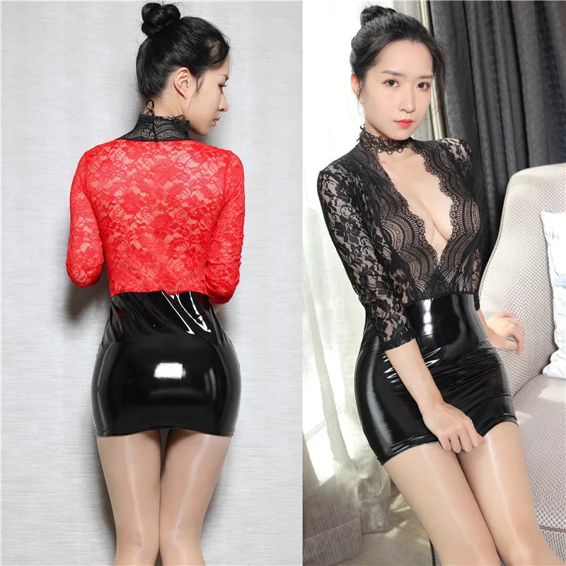 Lace Deep V-Neck PU Glossy Patchwork Bodycon Micro Mini Dress