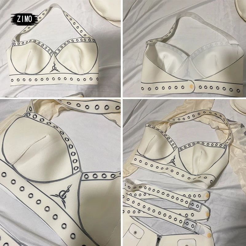 White Cyber Military Commander Bodysuit & Harness Set Men's & Women's Stage Dance Costume