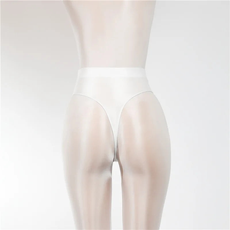 Sexy Shiny High Waist G-string Sheer See Through Sexy Brief Candy Color T-Back Oil Thong UnderWear Satin Glossy Femme Tight