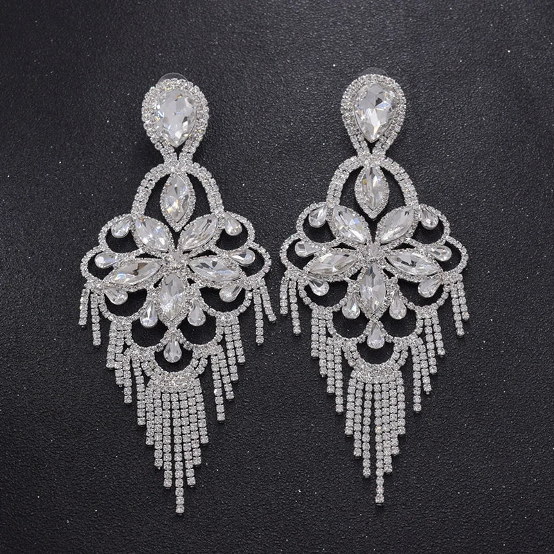 Sparkly Glass Crystal Statement Drop Earrings Stage Performance Jewelry