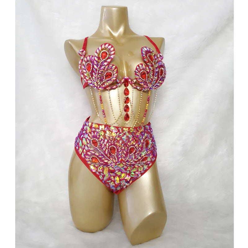 Sparkly Samba Carnival Stone Wire Bra & High-Waisted Bottom Two-Piece Costume Set
