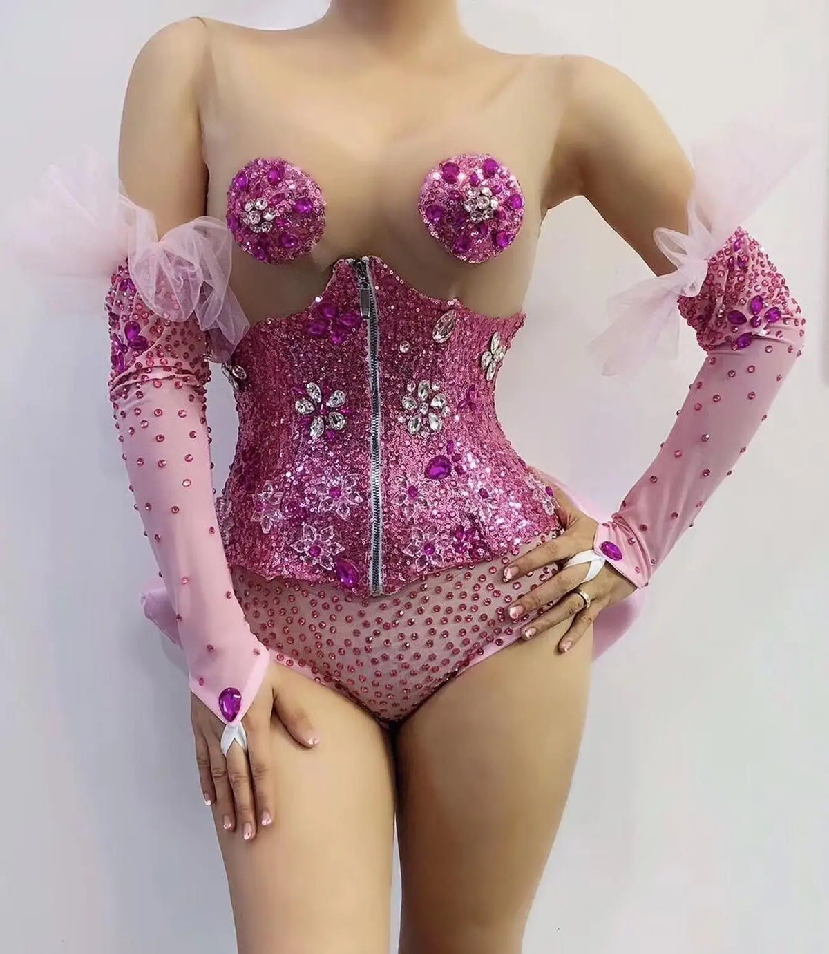Pink Rhinestone Sequin Bodysuit & Gloves Set
