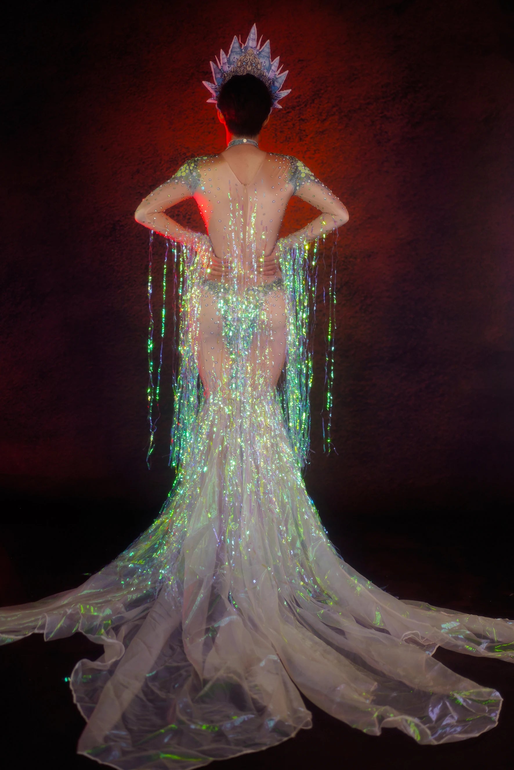 Emerald Green Rhinestone Sequin Mermaid Gown & Crown Stage Performance Costume Set