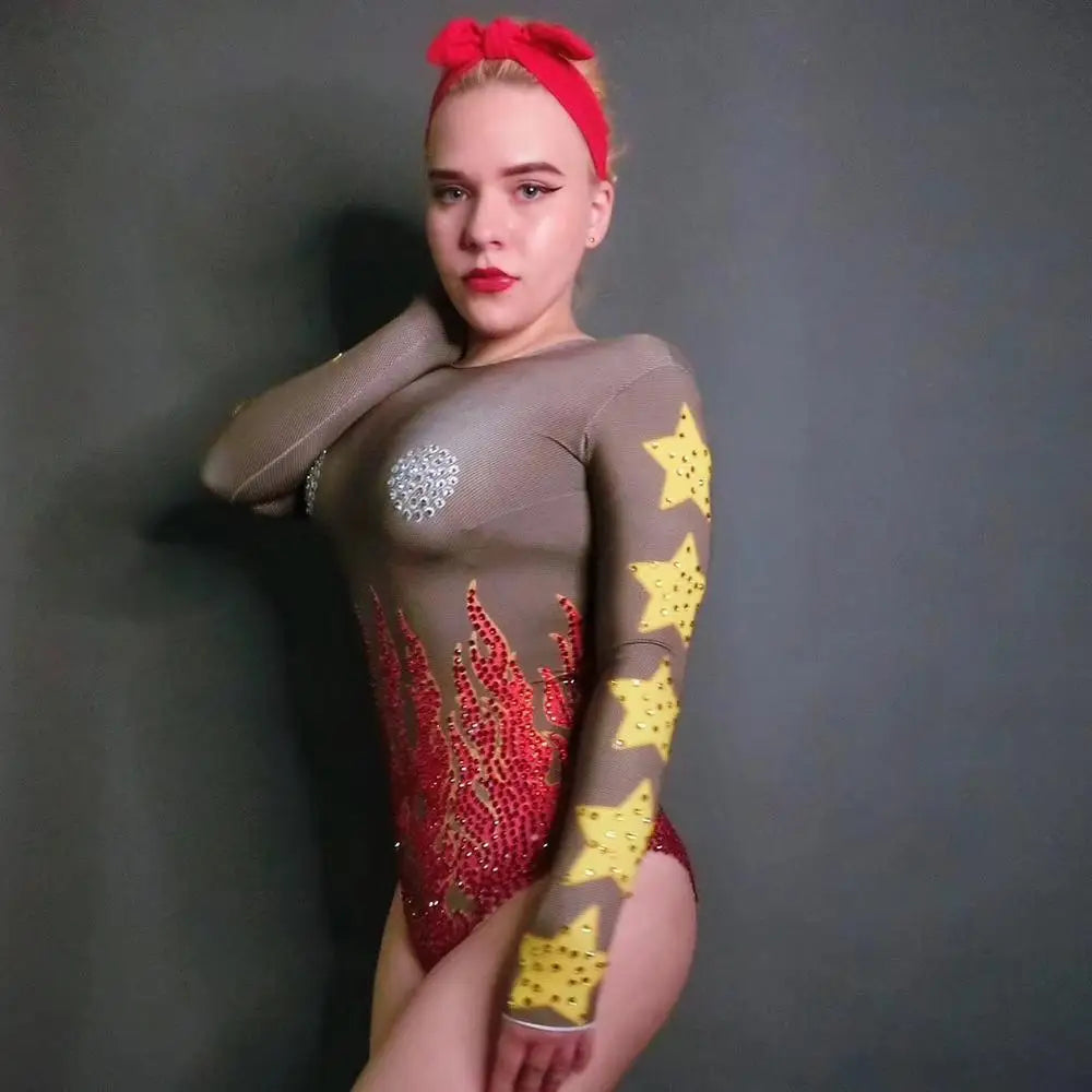 Women's Fire Pattern Rhinestone Leotard Bodysuit | Sparkly Crystal Stage Costume for Singer & Nightclub