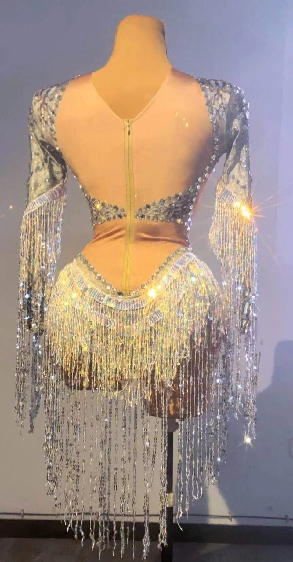 Rhinestone Sequin Fringe Long-Sleeve Bodysuit