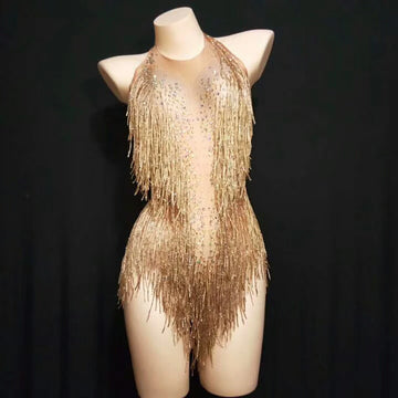 Sparkly Gold Rhinestone & Tassel Halter Neck Leotard Stage Costume