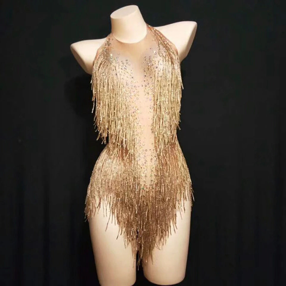 Sparkly Gold Rhinestone & Tassel Halter Neck Leotard Stage Costume