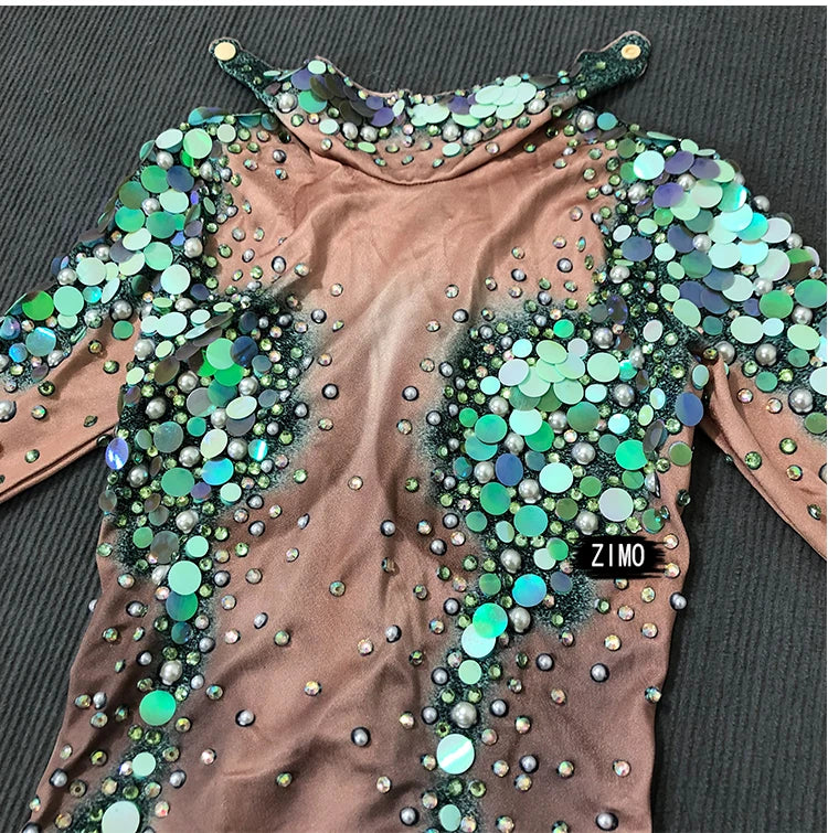 Emerald Green Rhinestone Sequin Mermaid Gown & Crown Stage Performance Costume Set