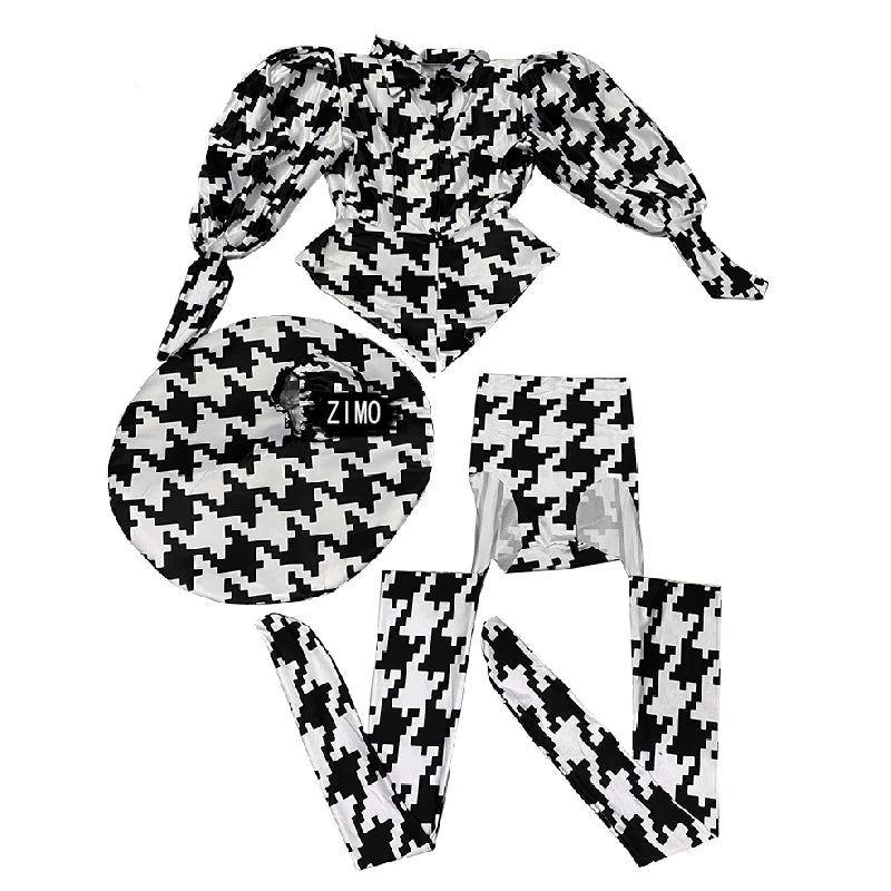 Houndstooth Geometric Print Bodysuit, Over-Knee Boots & Statement Hat 3-Piece Stage Costume Set