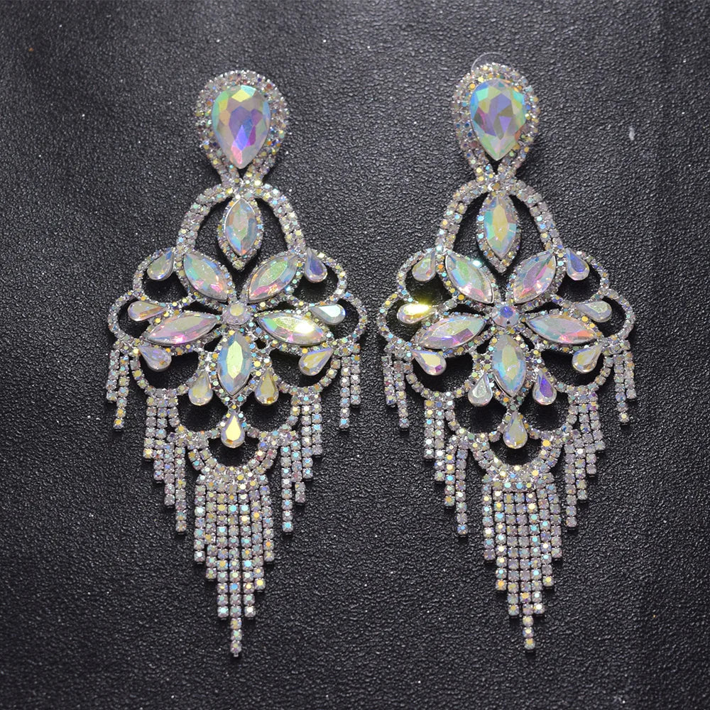Sparkly Glass Crystal Statement Drop Earrings Stage Performance Jewelry