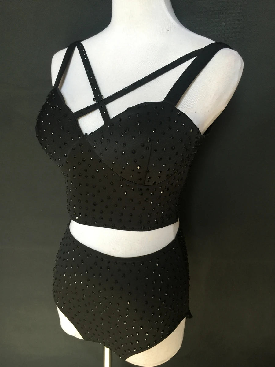 Sparkly Rhinestone Crop Top & High-Waisted Shorts Two-Piece Dance Costume Set