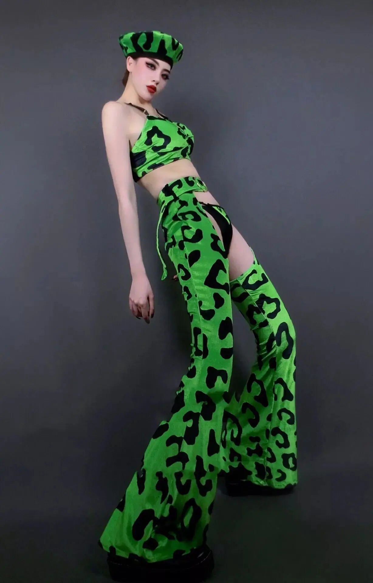 Neon Green Leopard Bikini Top, Wide-Leg Chaps Pants & Hat 4-Piece Stage Dance Costume Set