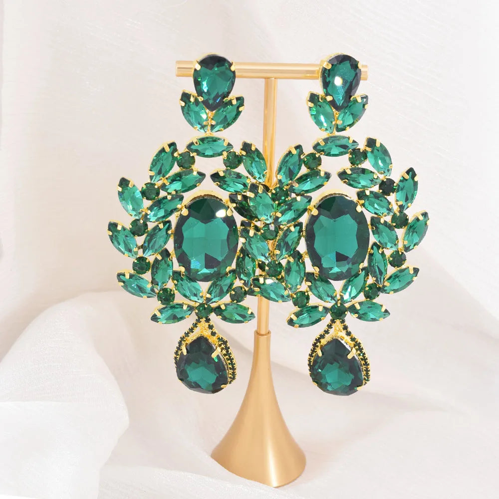 Oversized 4.7" Glass Gemstone Statement Drop Earrings Drag Queen Stage Jewelry