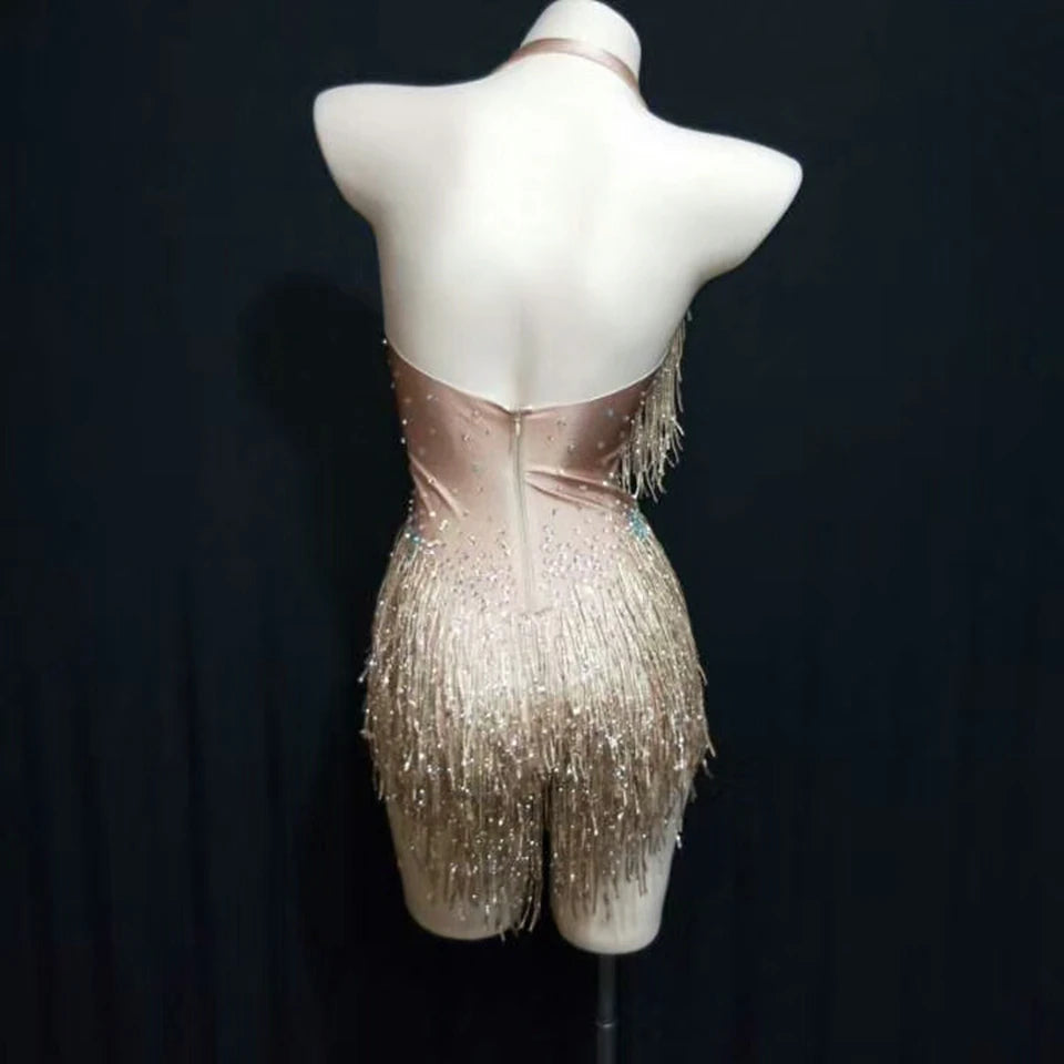 Sparkly Gold Rhinestone & Tassel Halter Neck Leotard Stage Costume