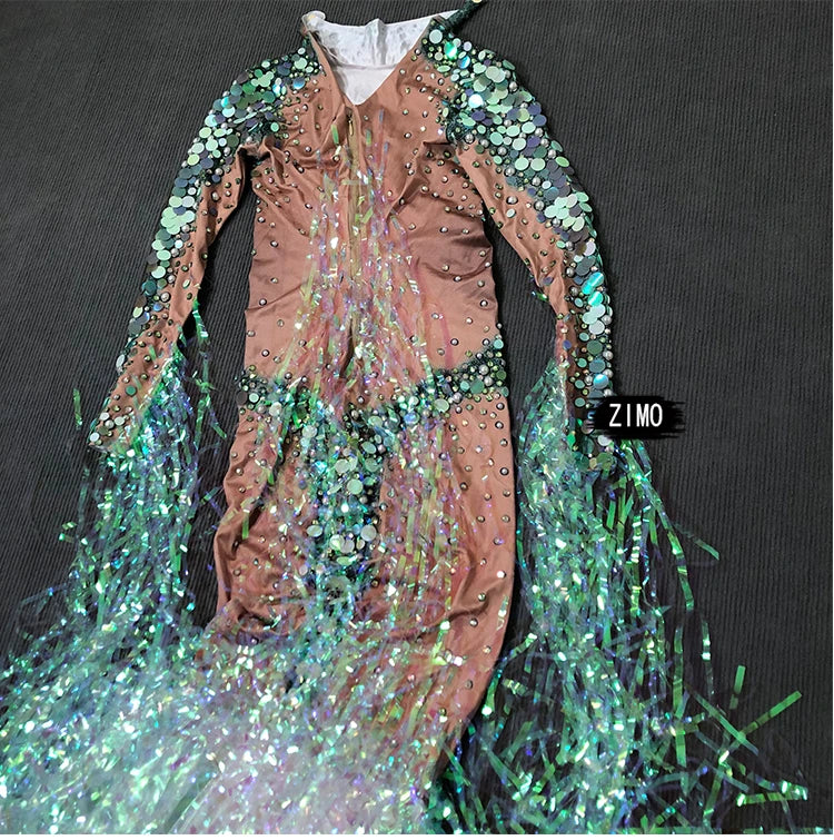 Emerald Green Rhinestone Sequin Mermaid Gown & Crown Stage Performance Costume Set