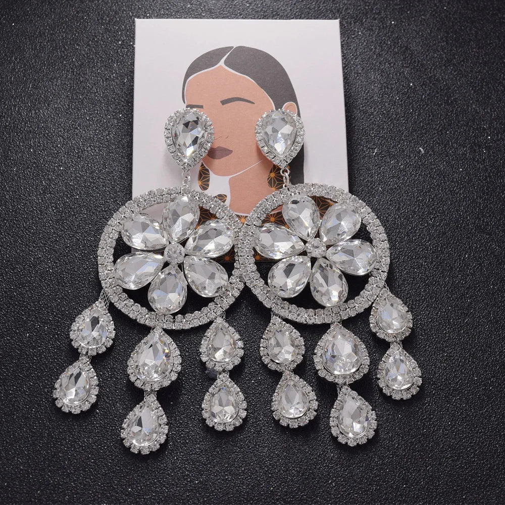 Sparkly 5.1" Glass Crystal Tassel Drop Earrings Drag Queen Stage Jewelry