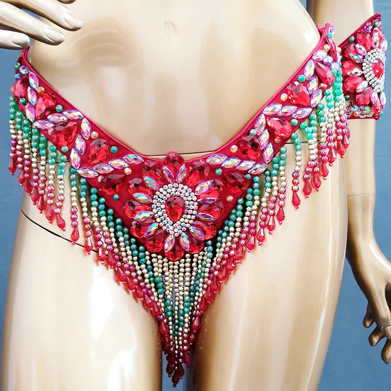 Handmade Beaded Samba Carnival Bra, Thong & Jewelry 5-Piece Stage Costume Set