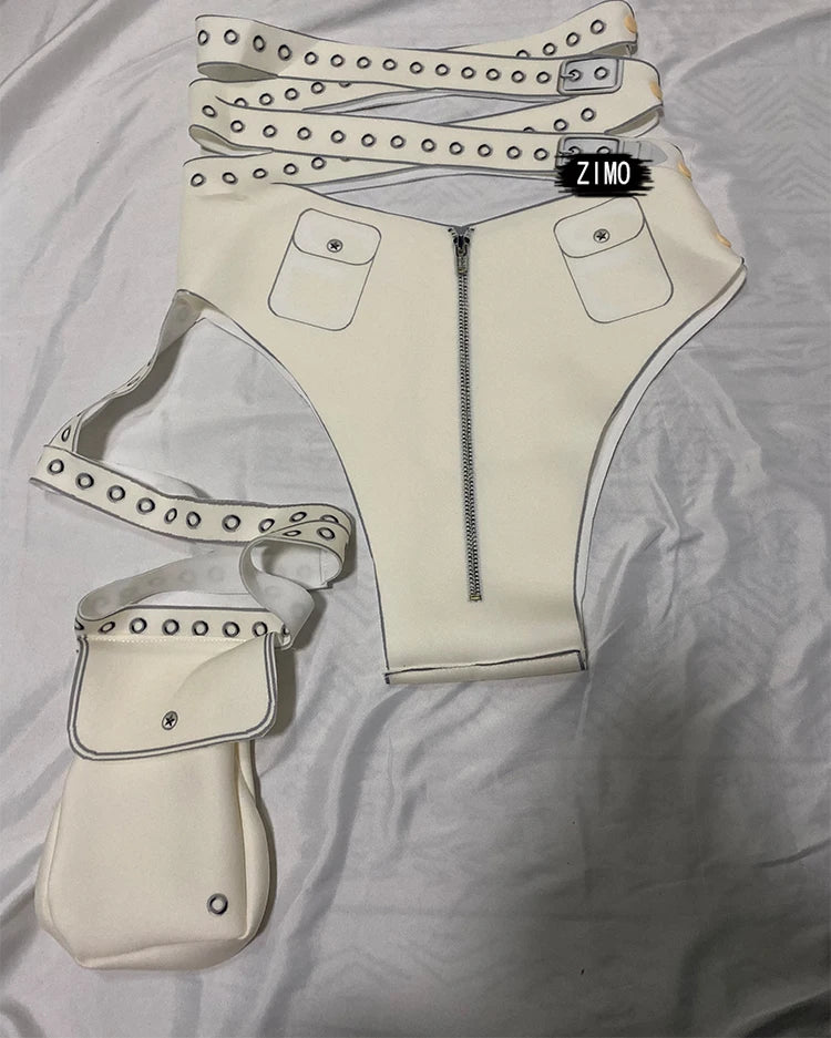 White Cyber Military Commander Bodysuit & Harness Set Men's & Women's Stage Dance Costume