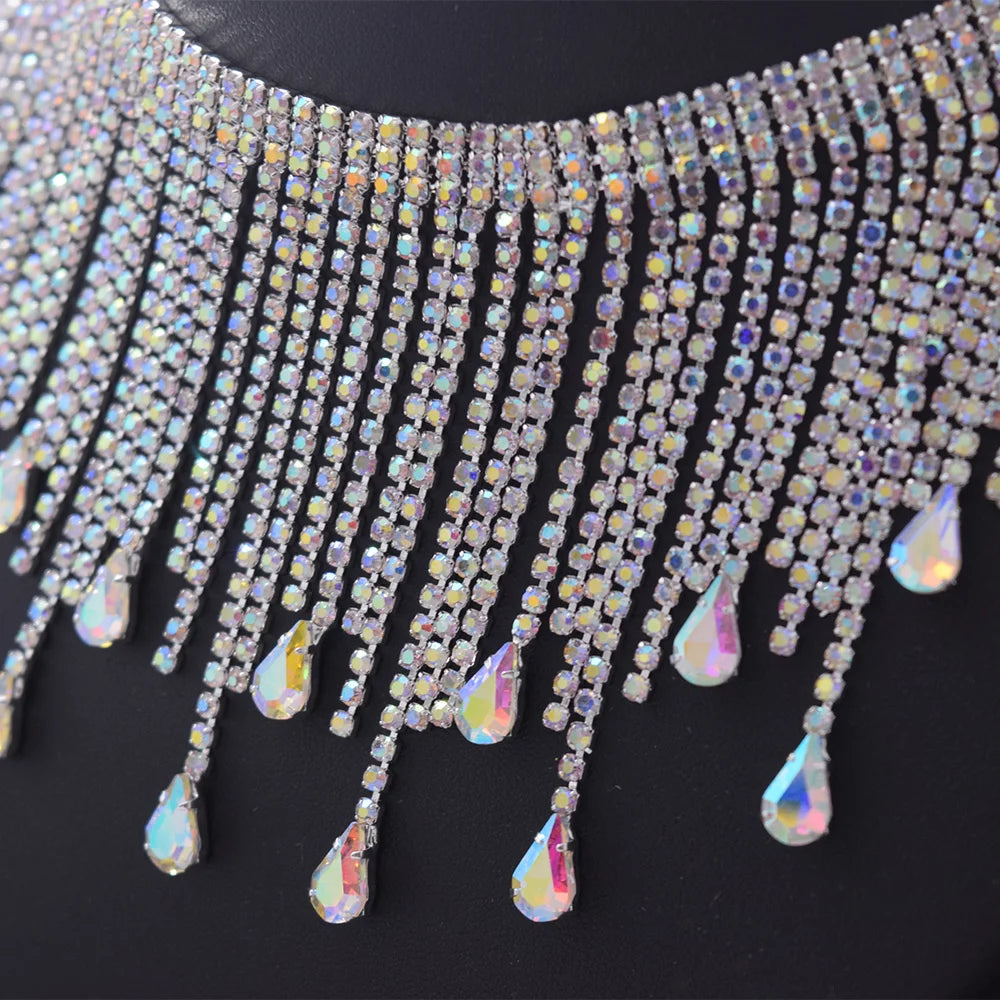5YDS Crystal AB Rhinestone Fringe Trim 3.1" Tassel Applique Sew-On Stage Costume Border