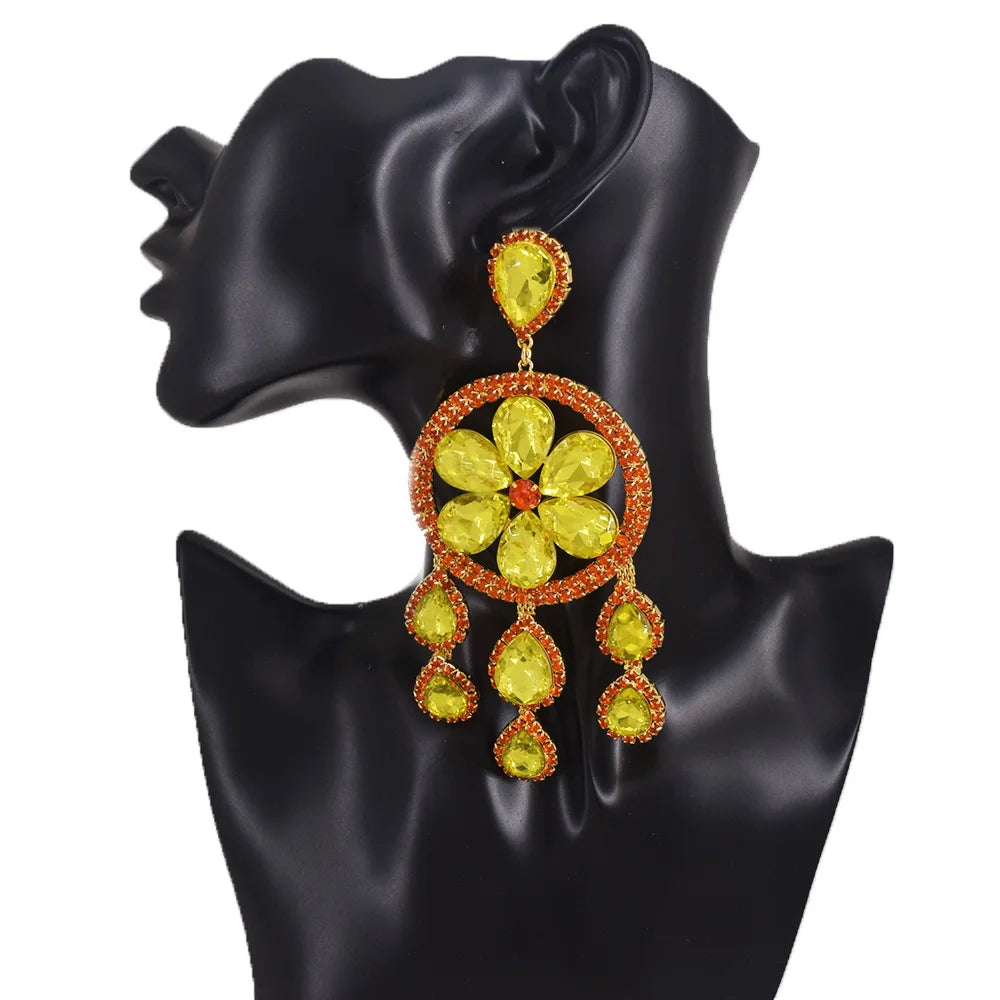 Sparkly 5.1" Glass Crystal Tassel Drop Earrings Drag Queen Stage Jewelry