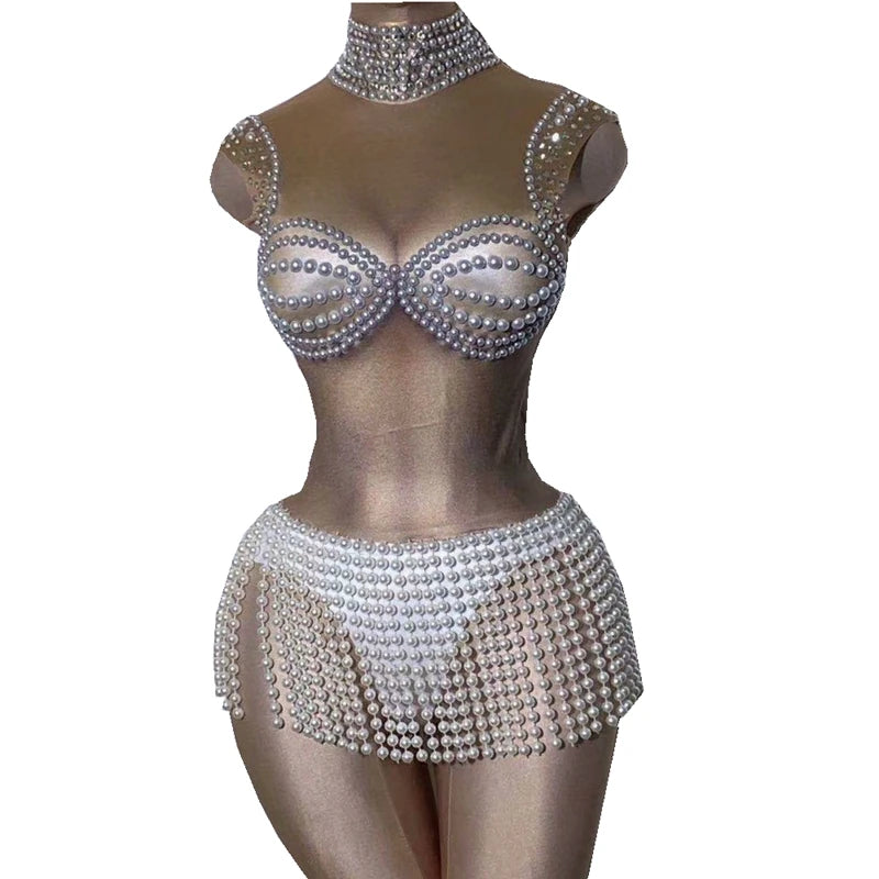 Sparkly Pearl Rhinestone Fringe Bodysuit Sleeveless Nude Stage Dance Leotard