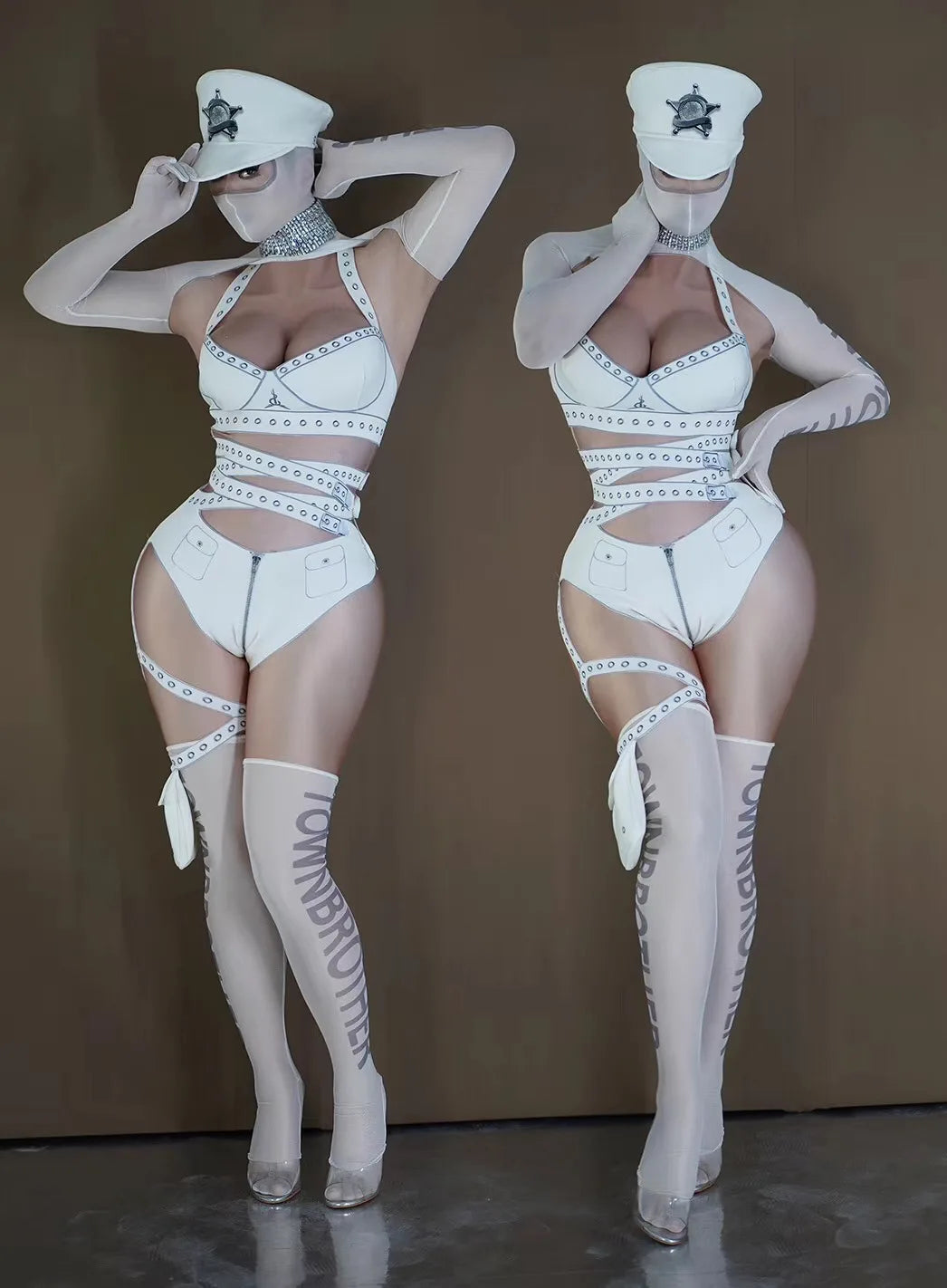 White Cyber Military Commander Bodysuit & Harness Set Men's & Women's Stage Dance Costume