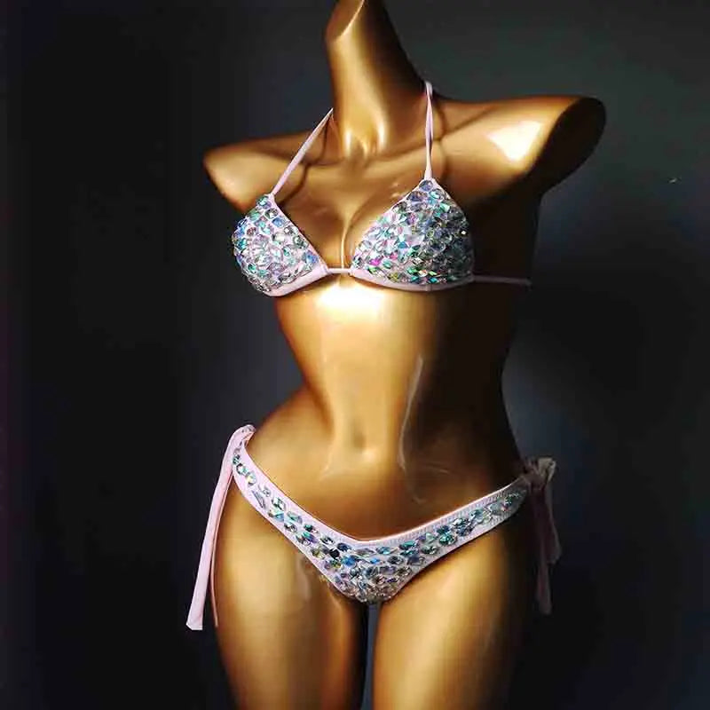 Cut-Out Rhinestone Bandage Bikini Set – Shimmering Crystal Push-Up Swimsuit & Open-Front Bling Bathing Suit for Raves & Festivals