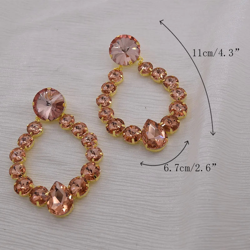 Sparkly Glass Crystal Oval Statement Drop Earrings Drag Queen Stage Jewelry