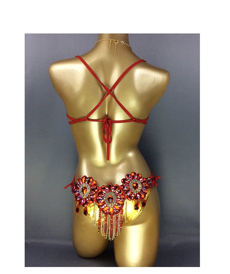 Sparkly Samba Carnival Stone Wire Bra, Belt & Necklace Three-Piece Costume Set