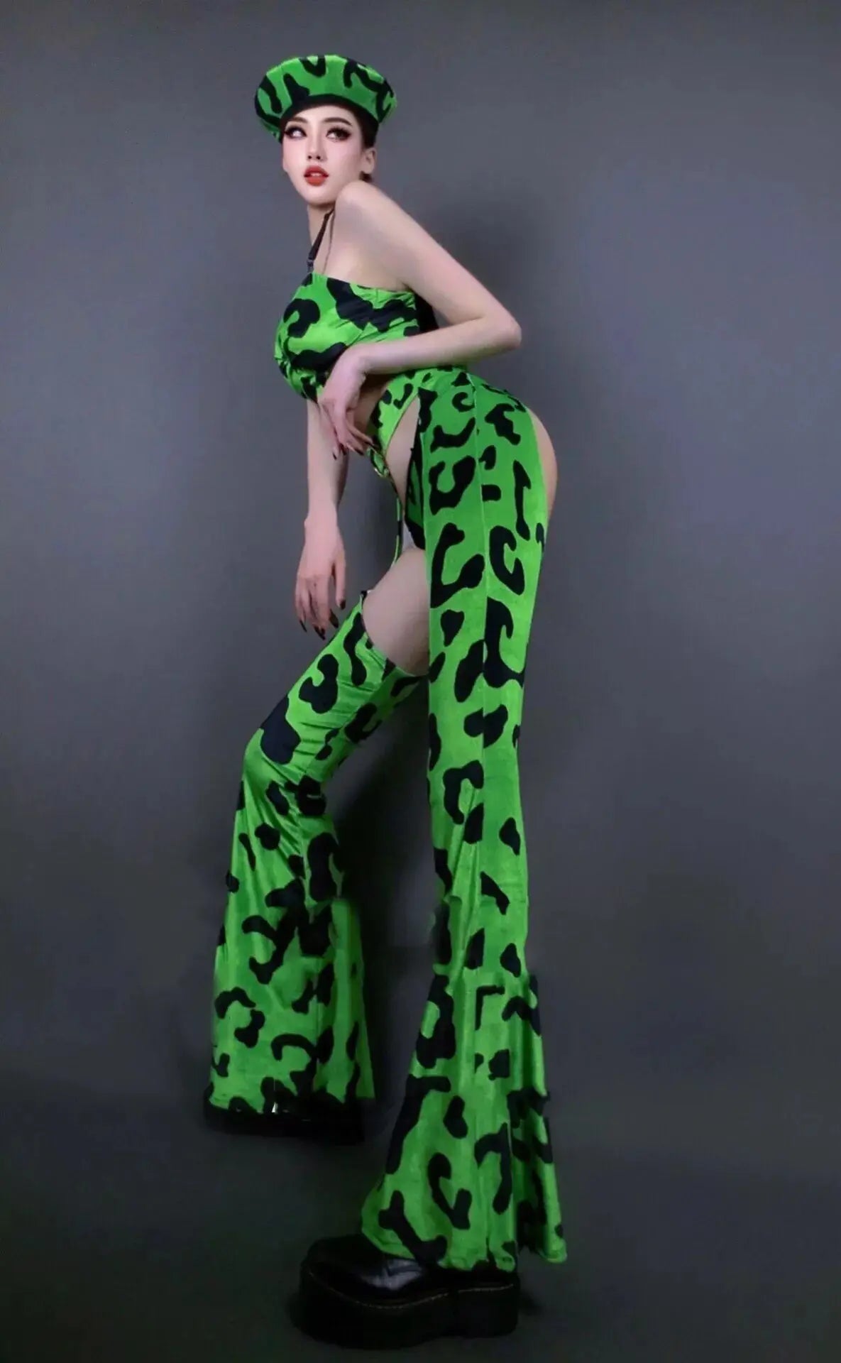 Neon Green Leopard Bikini Top, Wide-Leg Chaps Pants & Hat 4-Piece Stage Dance Costume Set