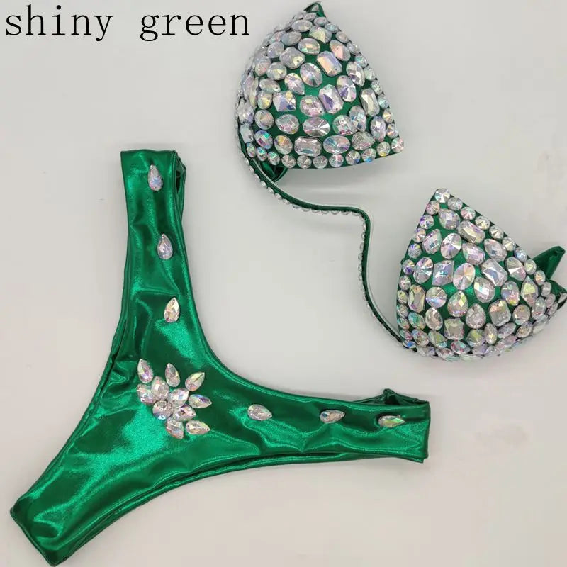 Luxury Rhinestone Performance Bikini Set – Shimmering Crystal Push-Up Stage Costume & Bling Two-Piece for GoGo Dancers, Festivals & Raves