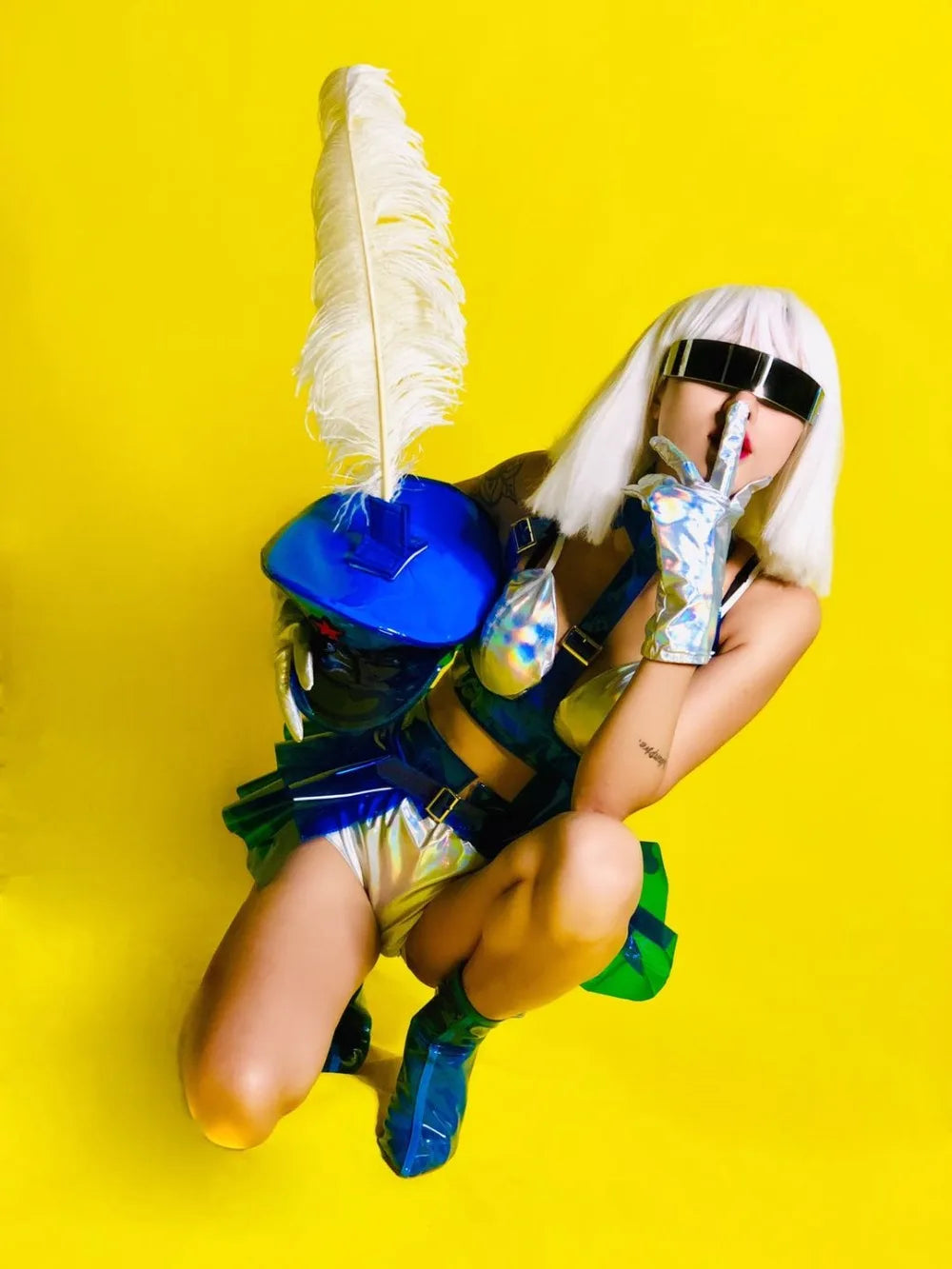 Holographic Silver Laser Bikini, Ruffle Skirt & Captain Hat 3-Piece Stage Costume Set
