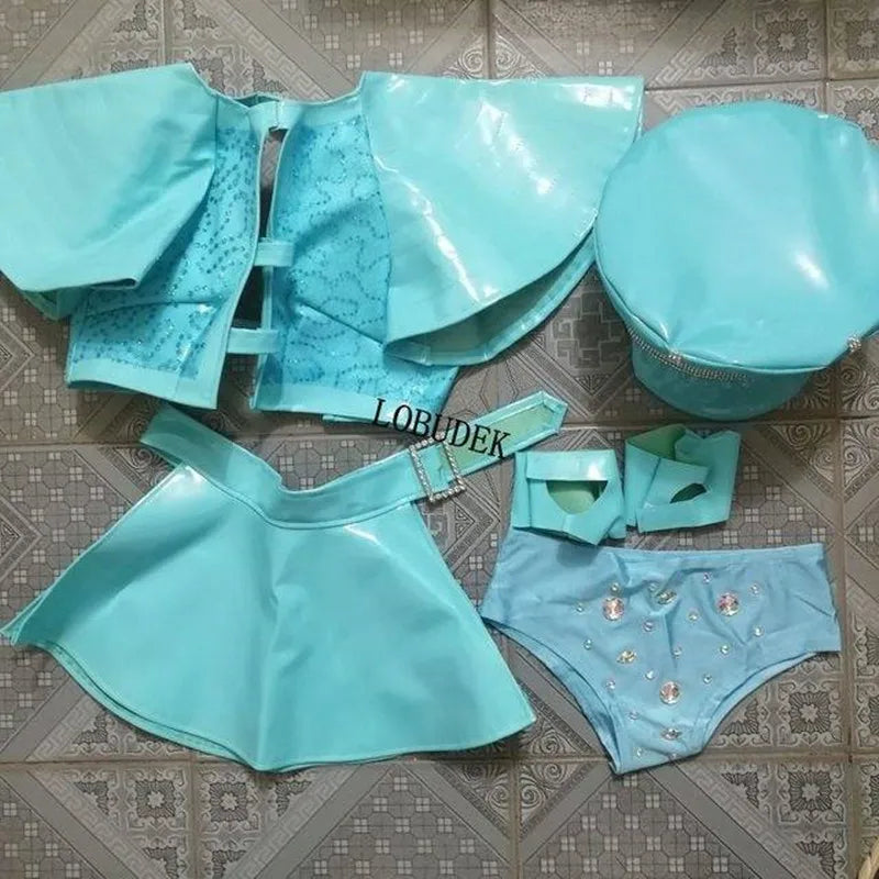 Sky Blue Armor Crop Top, Flared Skirt, Hat & Wrist Cuffs 4-Piece Stage Costume Set