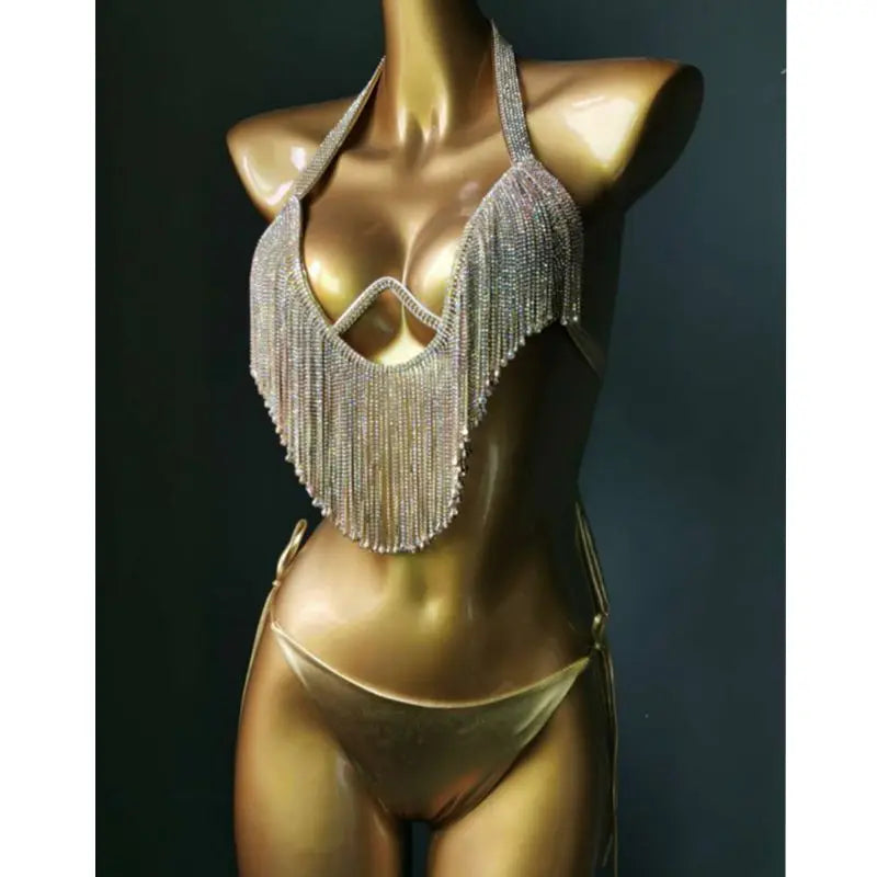 Sparkling Rhinestone Tassel Bikini Set – Shimmering Crystal Fringe Swimsuit & Exotic Body Jewelry Set for Raves & Beach Clubs
