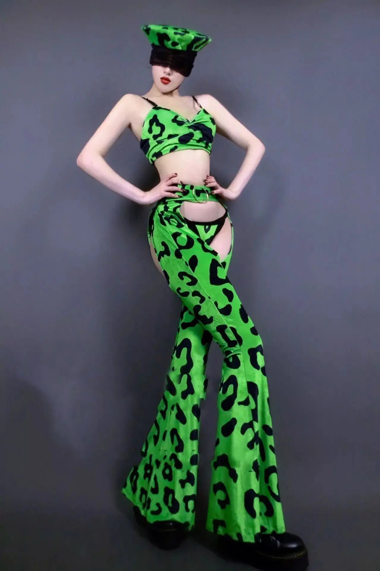 Neon Green Leopard Bikini Top, Wide-Leg Chaps Pants & Hat 4-Piece Stage Dance Costume Set