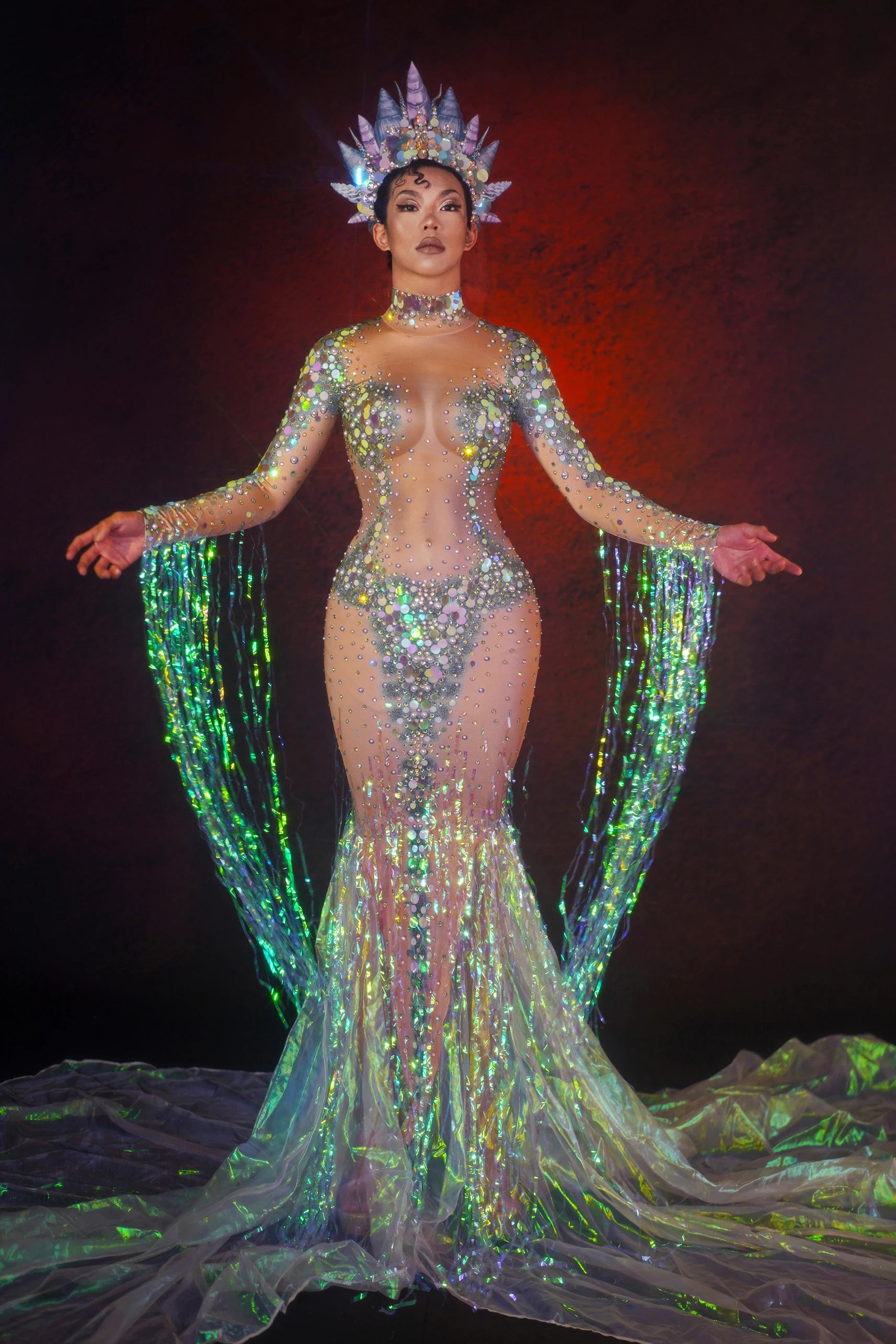 Emerald Green Rhinestone Sequin Mermaid Gown & Crown Stage Performance Costume Set
