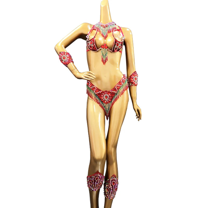 Handmade Beaded Samba Carnival Bra, Thong & Jewelry 5-Piece Stage Costume Set