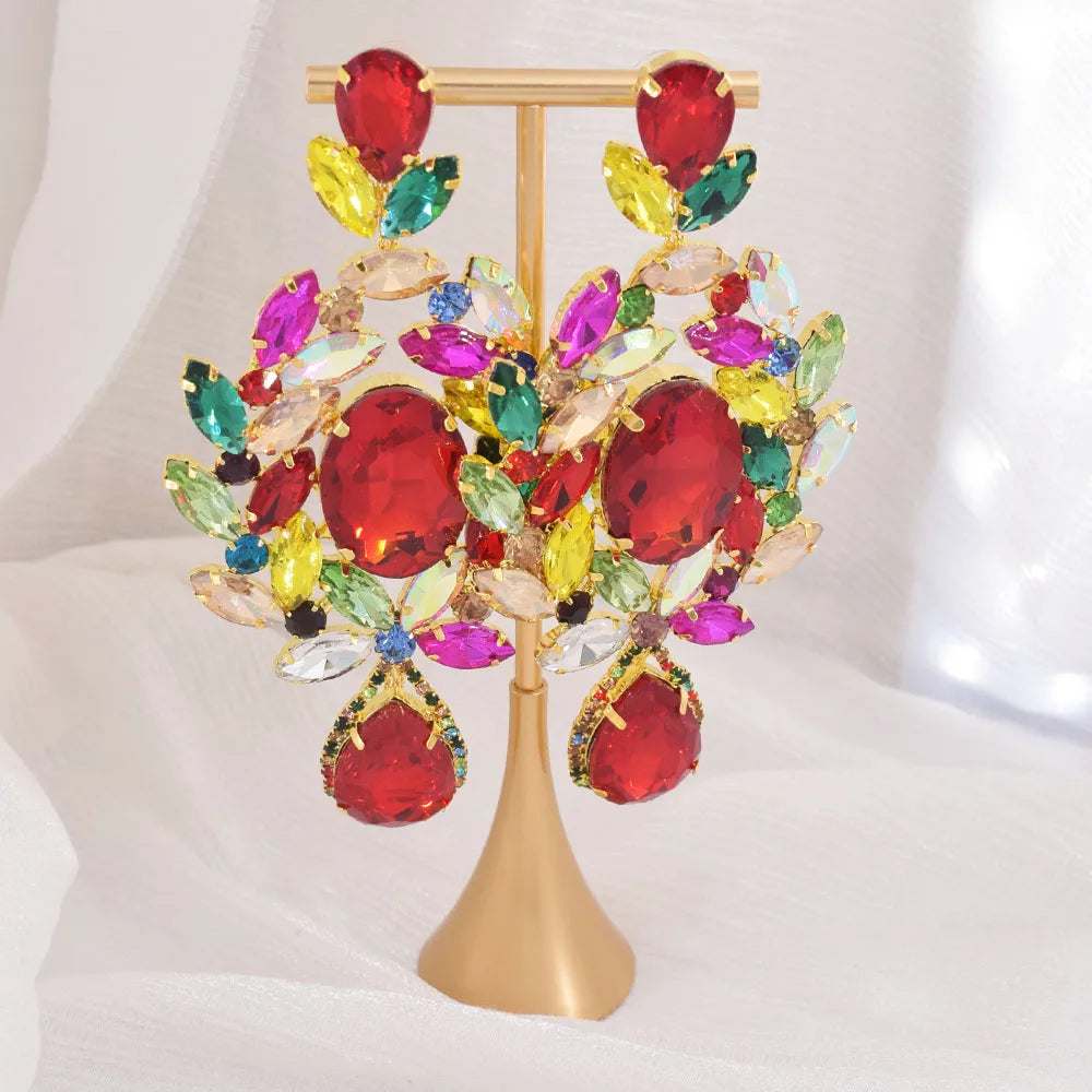 Oversized 4.7" Glass Gemstone Statement Drop Earrings Drag Queen Stage Jewelry