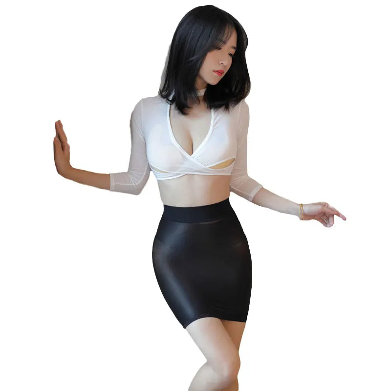 Hot Sexy Oil Shiny OL MINI Skirt Sheer 70D Gloosy Tight Pencil Cute Skirt See Through Candy Color Micro Mini Skirt For Women F12