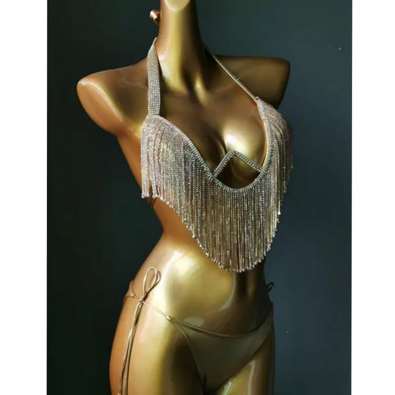 Sparkling Rhinestone Tassel Bikini Set – Shimmering Crystal Fringe Swimsuit & Exotic Body Jewelry Set for Raves & Beach Clubs