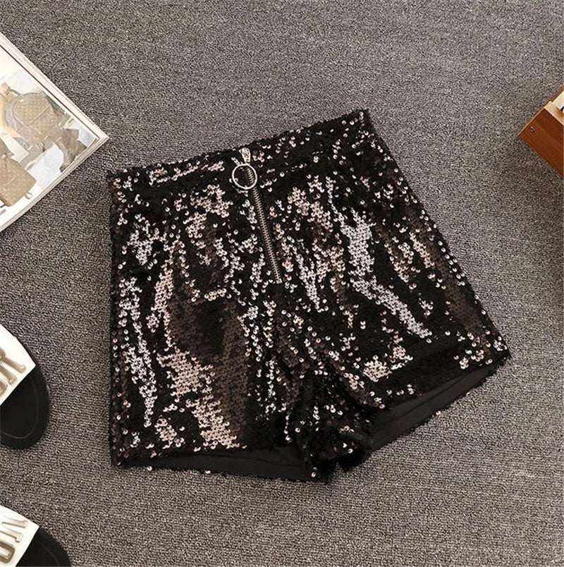 Sparkly Sequin High-Waisted O-Ring Zip Bodycon Shorts Stage Costume