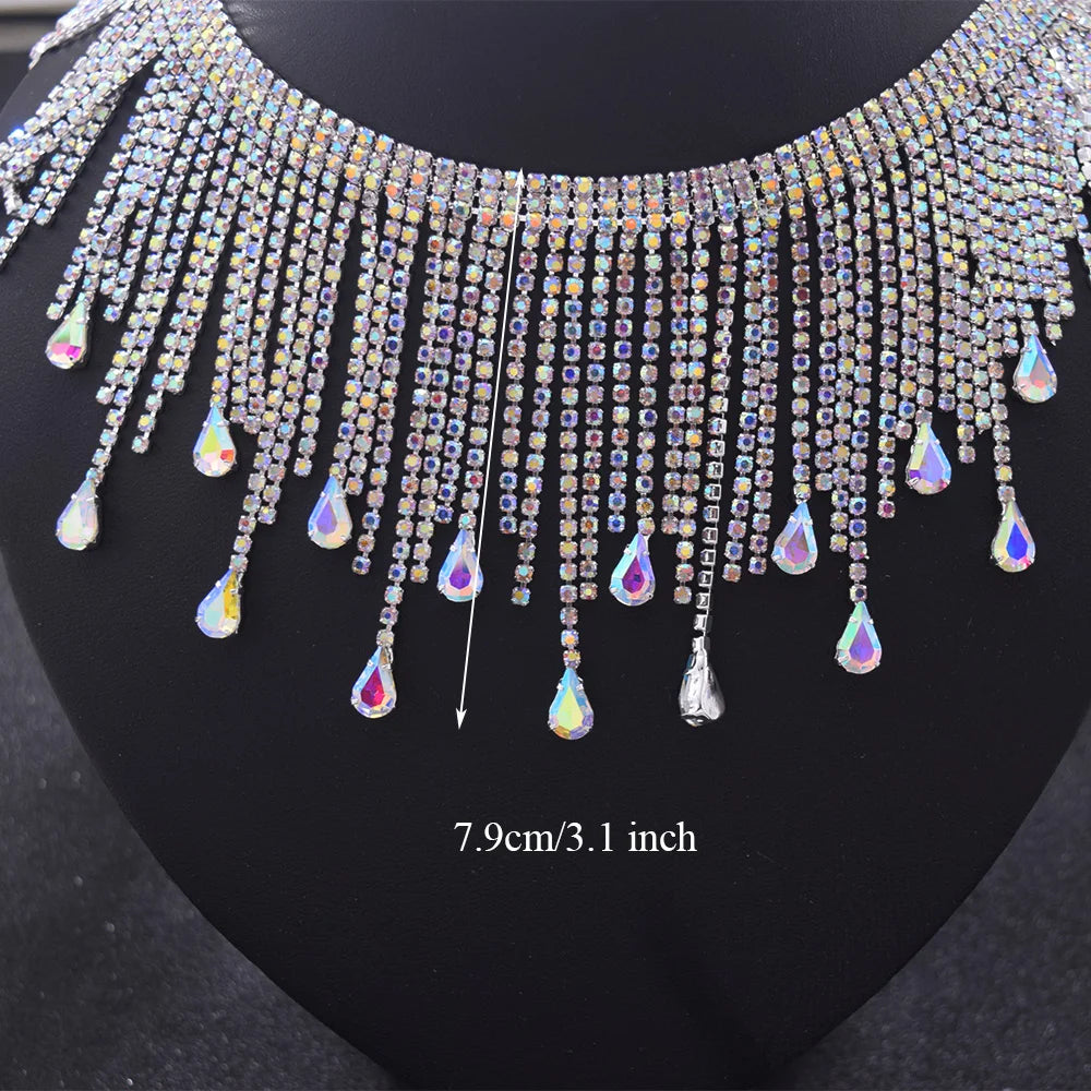 5YDS Crystal AB Rhinestone Fringe Trim 3.1" Tassel Applique Sew-On Stage Costume Border