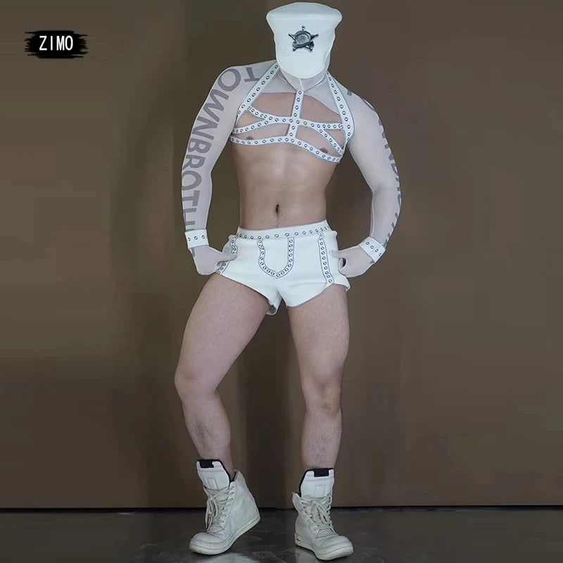 White Cyber Military Commander Bodysuit & Harness Set Men's & Women's Stage Dance Costume