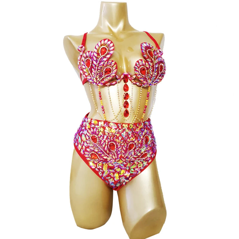 Sparkly Samba Carnival Stone Wire Bra & High-Waisted Bottom Two-Piece Costume Set