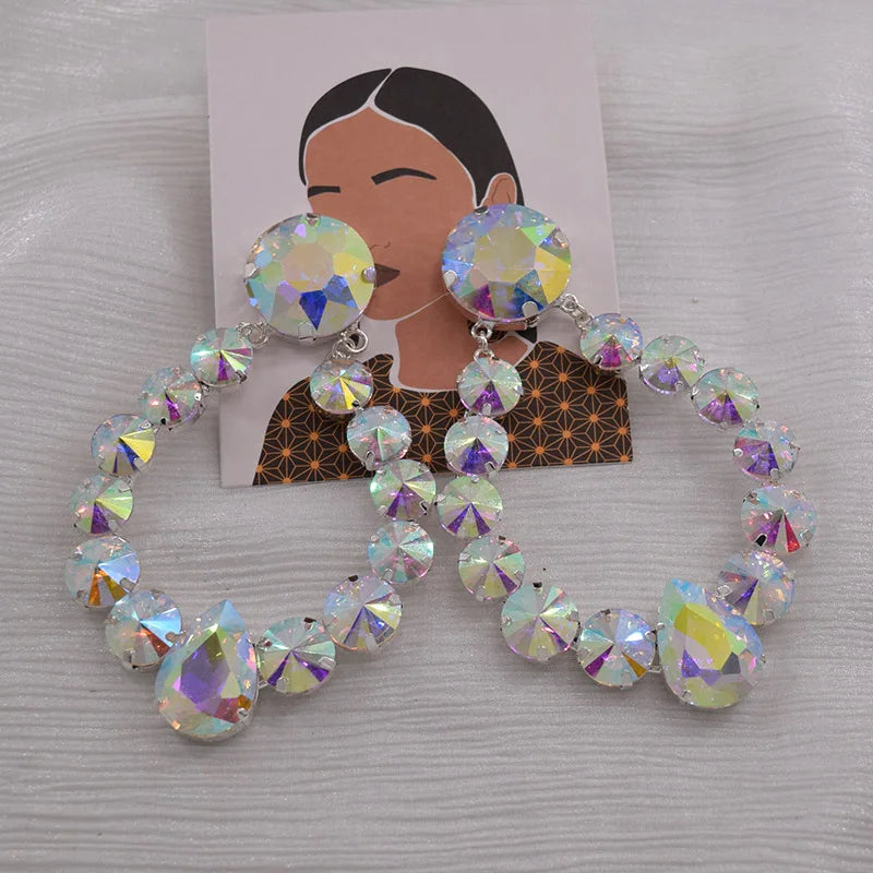 Sparkly Glass Crystal Oval Statement Drop Earrings Drag Queen Stage Jewelry